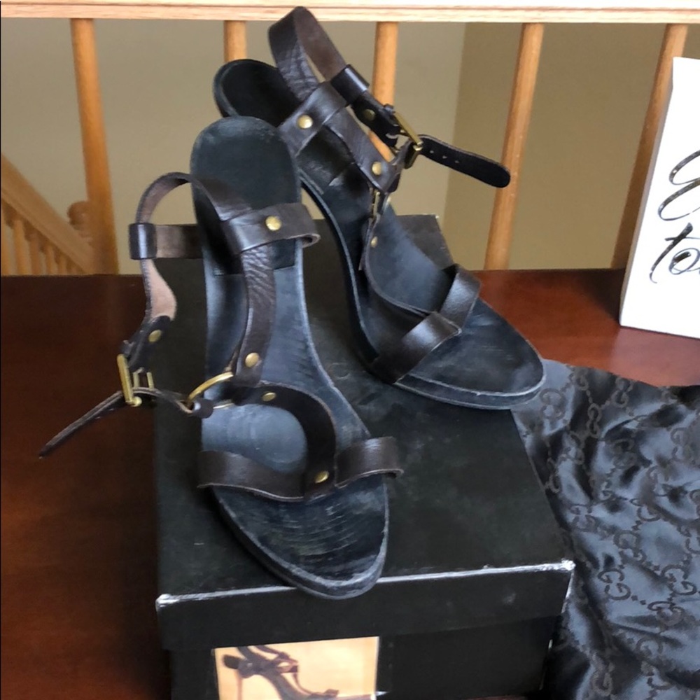 Gucci Brown Leather and Wood Stiletto Sandals
